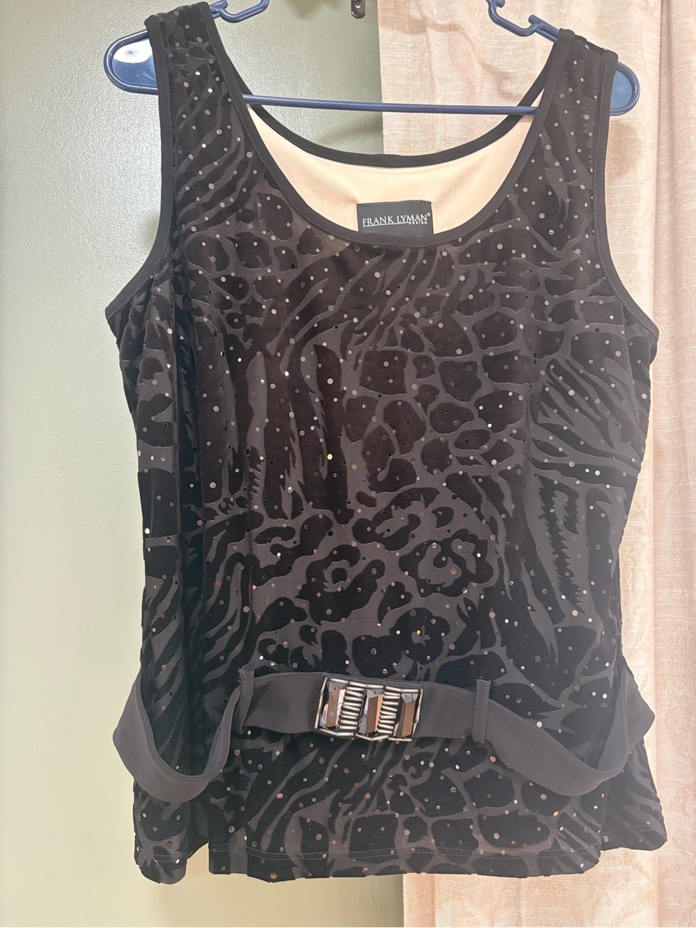 Frank Lyman Design Black Velvet Animal-Print Tank with Decorative Belt